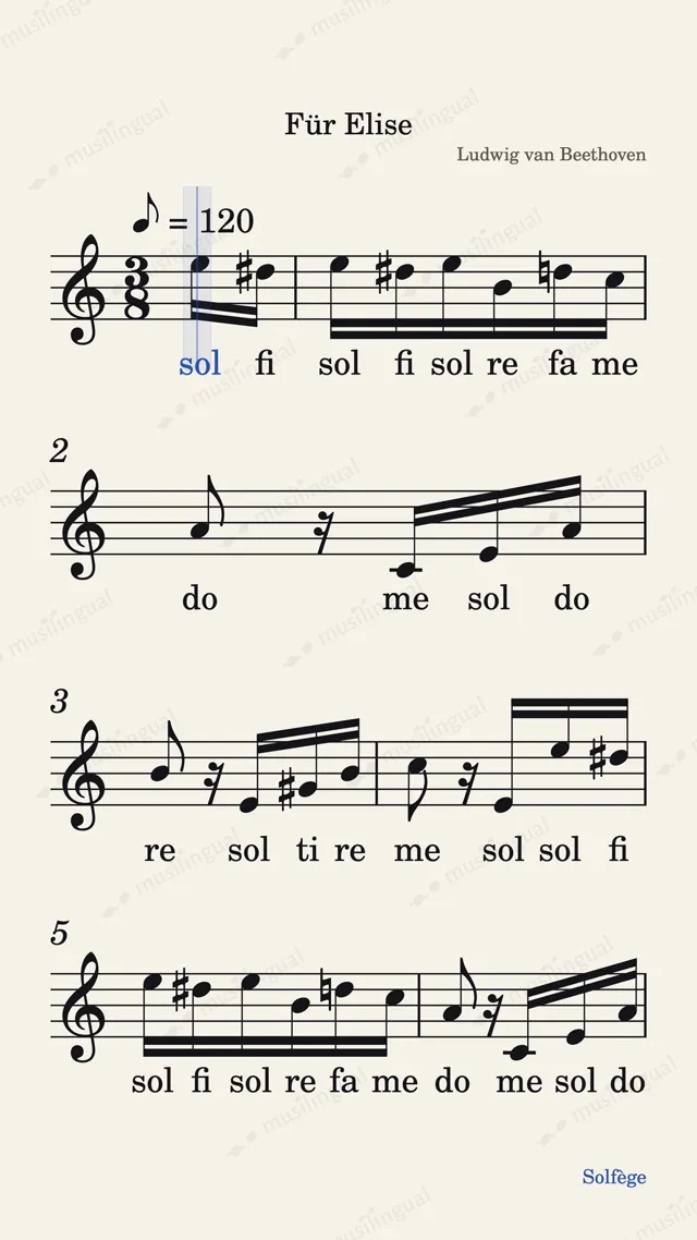 A phone showing a Musilingual video: Für Elise engraved on four staves, the solfège name under every note, and the blue cursor on the note being sung.